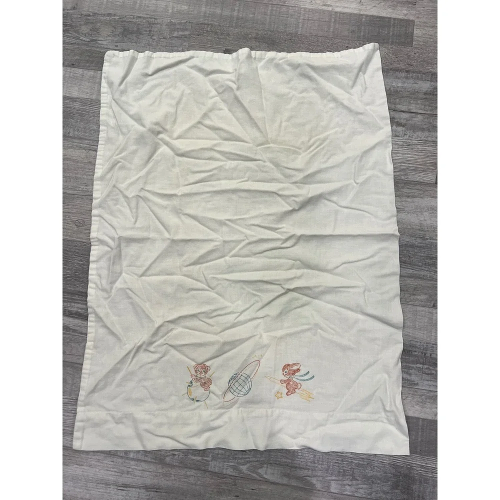 Vintage Embroidered Baby Blanket Space Rocket Bunny Bear White Cotton Nursery